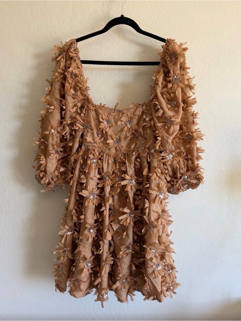 Storia Tan Floral Appliqué Mini Dress
